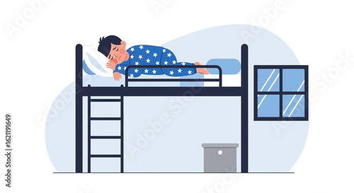 Boy Sleeping Peacefully In Bunk Bed Under Starry Pajamas At Night