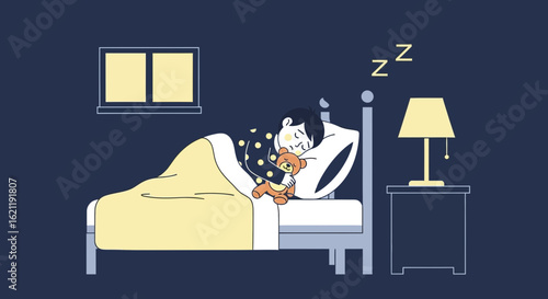 Boy Sleeps Peacefully At Night With His Teddy Bear In Bedroom