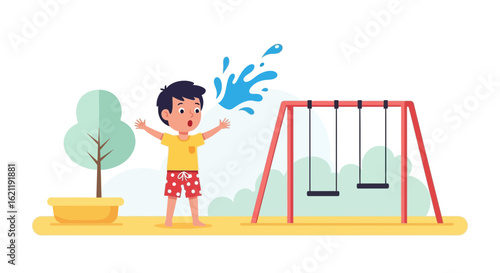 Boy Spitting Water Having Fun In Park Illustration On Playground