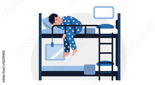 Boy Sleeps Peacefully On The Top Bunk Bed In Pajamas With Stars