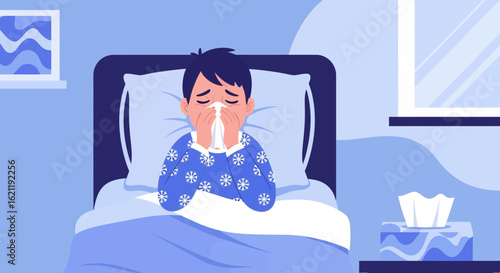 Boy Suffering From Cold Or Flu Lying On Bed At Home