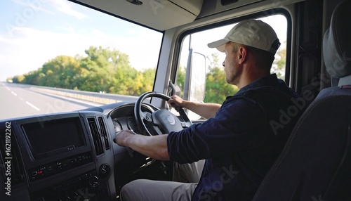 Driver inside a truck cab on a highway