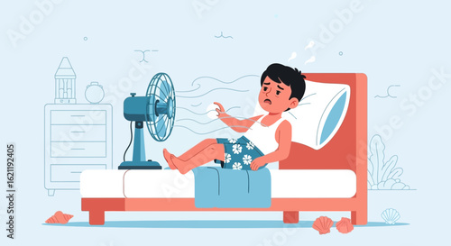 Boy Suffering From Heat Wave Lying On Bed With Electric Fan