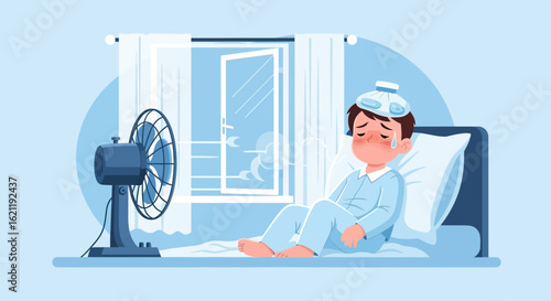 Boy Suffering From Heat Wave On Bed With Ice Pack Feeling Overheated