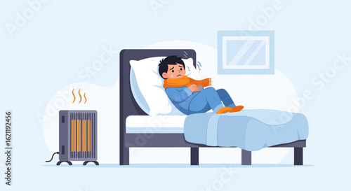 Boy Suffering From Illness Lying On Bed With Heater During Cold Season