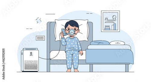 Boy Using Nebulizer At Home To Manage Respiratory Symptoms and Asthma Condition