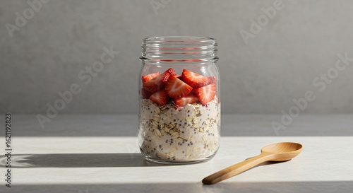 Strawberry overnight oats in glass jar with wooden spoon on table.