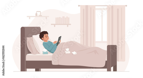 Boy Using Tablet in Bed with Tissues While Recovering From Illness