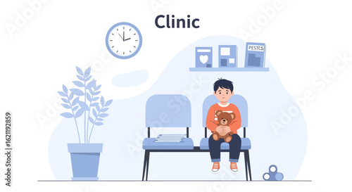 Boy Waiting At Doctor's Office For Consultation Holding Stuffed Bear
