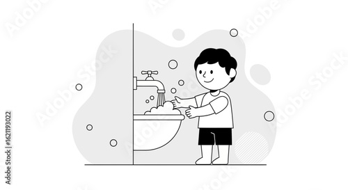 Boy Washing Hands With Soap In Bathroom Keeping Hygiene Minimalist Vector