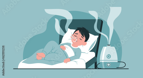 Boy With Respiratory Issues Sleeping With Humidifier Illustration
