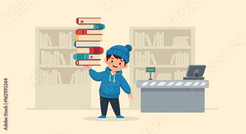 Boy With Stack Of Books At The Library, An Educational Journey
