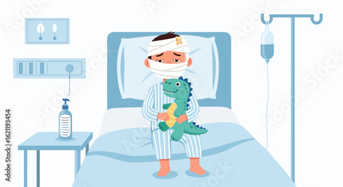 Brave Young Boy Recovering In Hospital With His Toy Dinosaur Companion