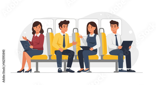 Business Commuters Traveling Together Using Technological Gadgets in Public Transport