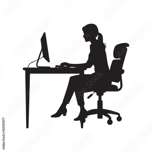 Silhouette of a woman working at a desk on a computer, black silhouette vector, Simple silhouette Design vector icon with white background 