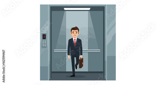 Businessman Feeling Depressed After A Day At Work Inside An Elevator