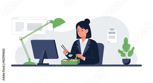Businesswoman Enjoying Bento Box Lunch At Desk During Work Break Routine
