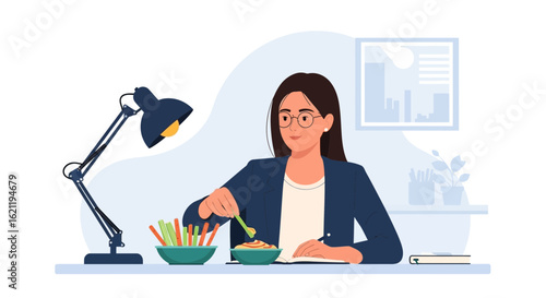 Businesswoman Enjoying Healthy Snack at Desk While Planning Project Development