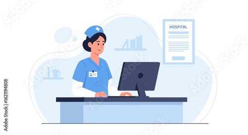 Busy Nurse Working At Her Computer On a Hospital Desk During Her Shift