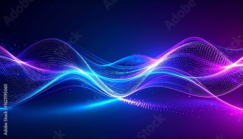 Neon Blue and Purple Particle Wave Abstract Background Dynamic Flowing Energy.