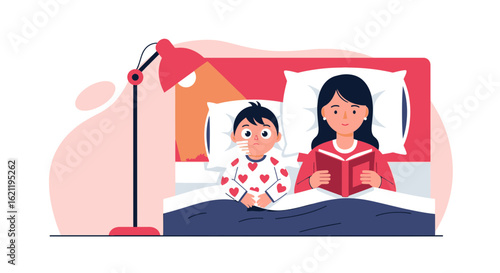 Caring Mother Reads a Story to Her Sick Child in Bed Under Soft Light