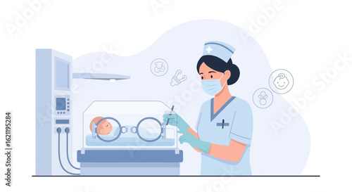 Caring Nurse Checking Premature Infant In Incubator With Medical Devices