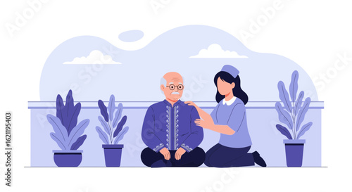 Caring Nurse Comforts Elderly Man with Support and Empathy Outdoors