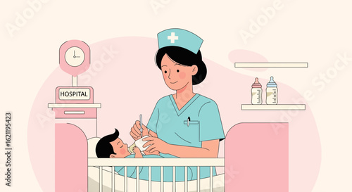 Caring Nurse Giving Milk To Baby In Hospital Crib Illustration Design
