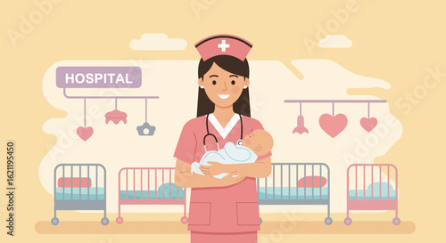 Caring Nurse Embraces Newborn In Nursery With Cribs In A Hospital Setting