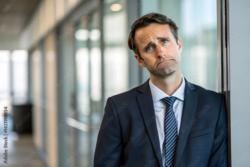 Pensive businessman in suit leaning against office window with thoughtful expression Pensive businessman in suit leaning against office window with thoughtful expression