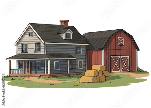 Rustic farmhouse and red barn with hay bales on a sunny day