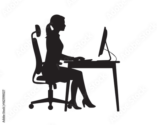 Silhouette of a woman working on a computer at a desk black silhouette vector, Simple silhouette Design vector icon with white background
black silhouette vector.