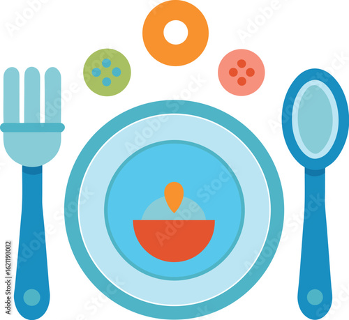 Children s mealtime setting with blue utensils and plate