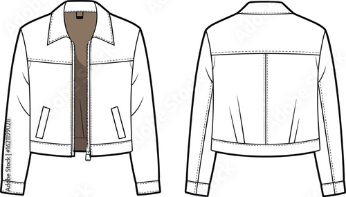 Flat technical sketch of women's cropped jacket with zipper, collar, front pockets, long sleeves, back yoke, detailed stitching