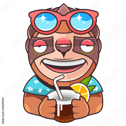 Lazy Sloth animal take a rest and having a cold drink at the beach.