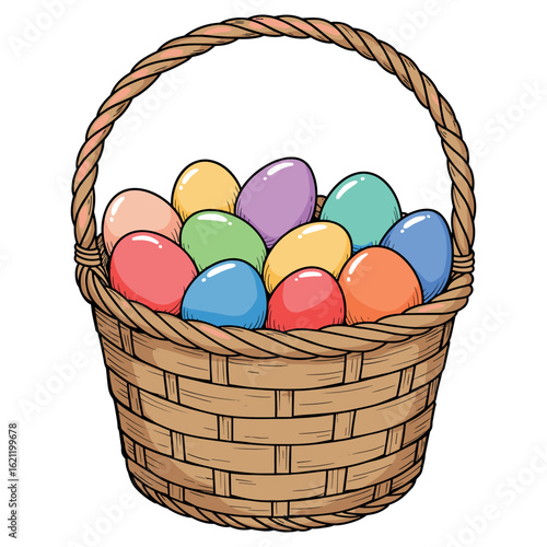 Colorful easter eggs in a woven basket