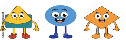 Three cartoon geometric characters a yellow triangle a blue circle and an orange diamond with faces and limbs standing on a white background