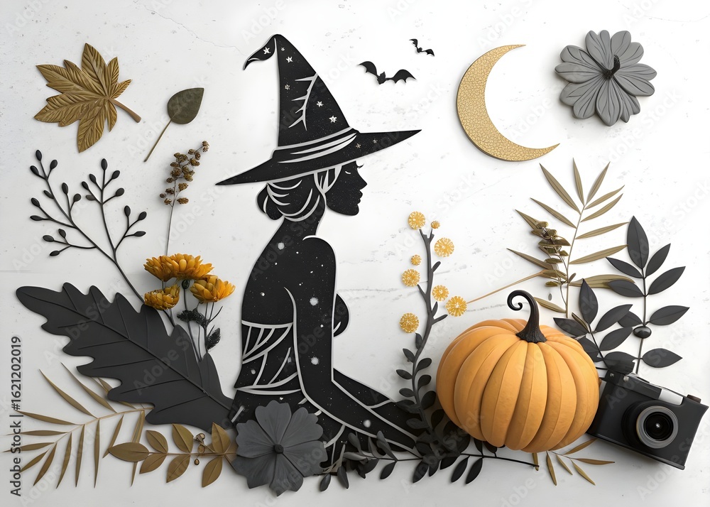 Fototapeta premium The witch, pumpkin with camera, celebration photographer and halloween celebration, generate by ai