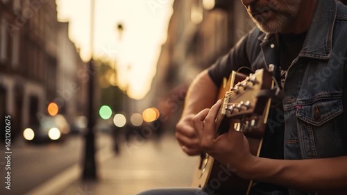 Street Musician: Acoustic Guitar Performance in Urban Setting at Sunset