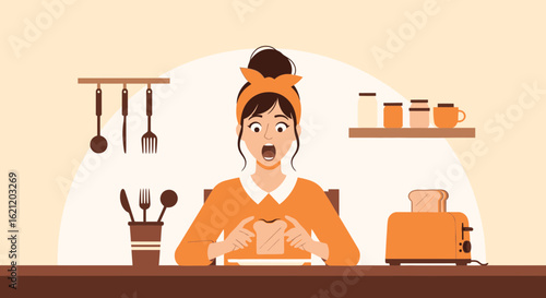 Animated woman with open mouth shocked with burnt toast in the kitchen setting