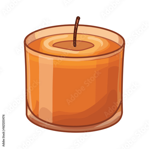 Burning scented candle in glass holder with orange hue and brown wick
