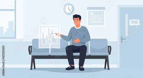 Anxious Man Waiting In The Hospital With His Heart Rhythm Test Results
