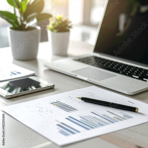 Office White Desk with Laptop Plant Smartphone Chart and Black Pen Display
