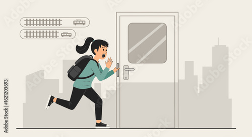 Anxious student late for train running towards door in urban environment panic