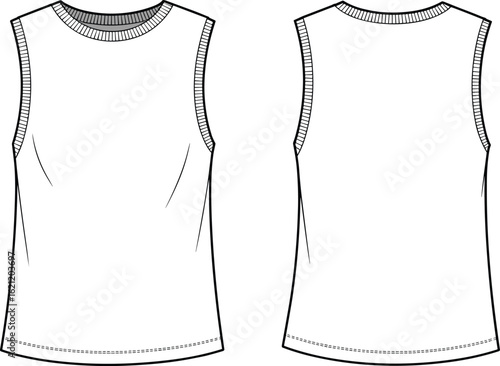 Sleeveless tank top flat sketch, front and back view, CAD vector drawing, unisex fashion template, gym wear technical design