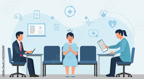 Anxious Patient Awaits Diagnosis In The Hospital Waiting Area With Staff