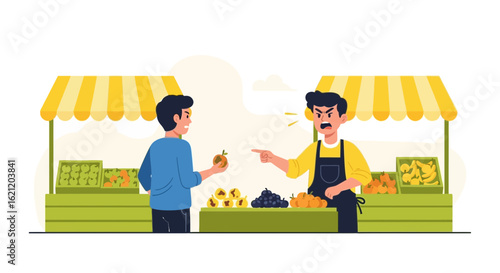 Argument Over Fruit Price Between Vendor And Customer At Street Market
