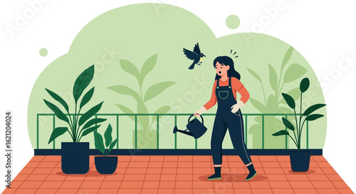 Astonished Gardener Interrupted By Bird Illustration On A Home Balcony Garden