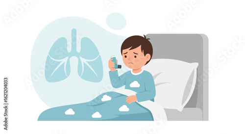 Asthmatic Child Using Inhaler In Bed For Breathing Problem Relief