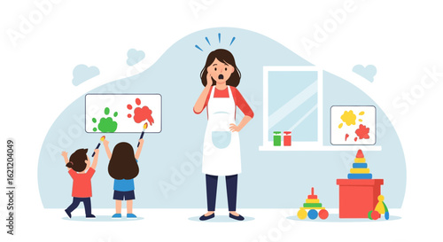 Astonished Mother Watching Children Create Wall Art With Paintbrushes